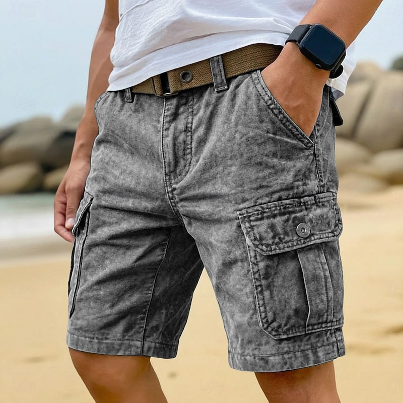 Washed Cotton Cargo Shorts with Utility Pockets