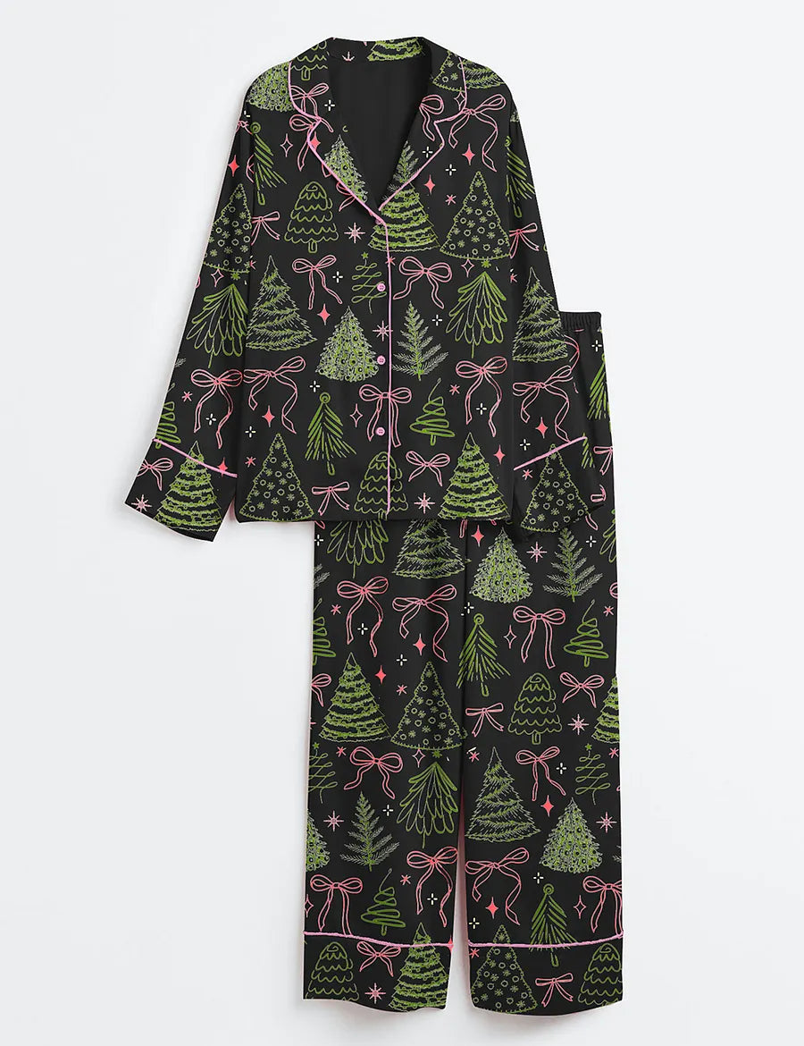Women’s Preppy Christmas Tree Vintage Coquette Bow Long Sleeve Satin Pajama Set