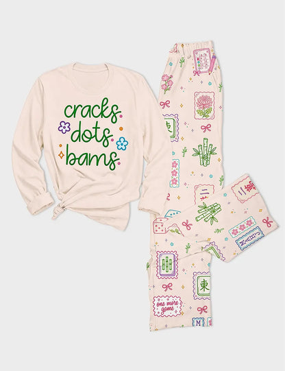 Women's Mahjong Pastel Game Long Sleeve Cotton T-Shirt Pajama Set