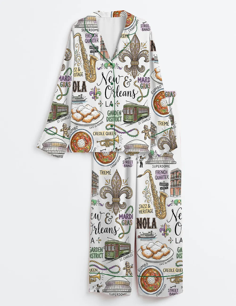 Women’s New Orleans Louisiana Travel Long Sleeve Silky Satin Pajama Set