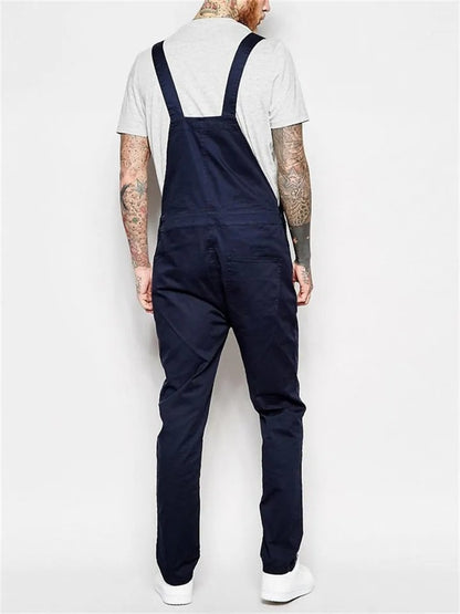 Men's Slim Trendy Solid Color Denim Overalls Jumpsuits
