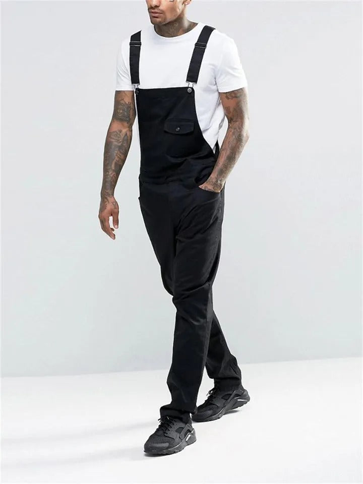 Men's Slim Trendy Solid Color Denim Overalls Jumpsuits