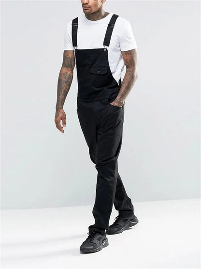 Men's Slim Trendy Solid Color Denim Overalls Jumpsuits