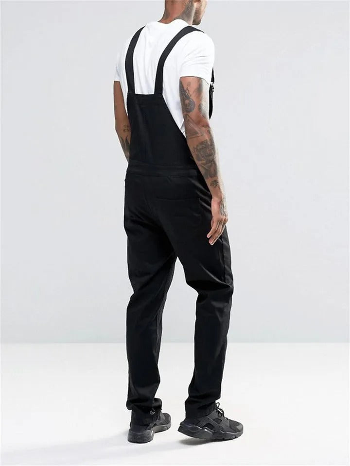 Men's Slim Trendy Solid Color Denim Overalls Jumpsuits