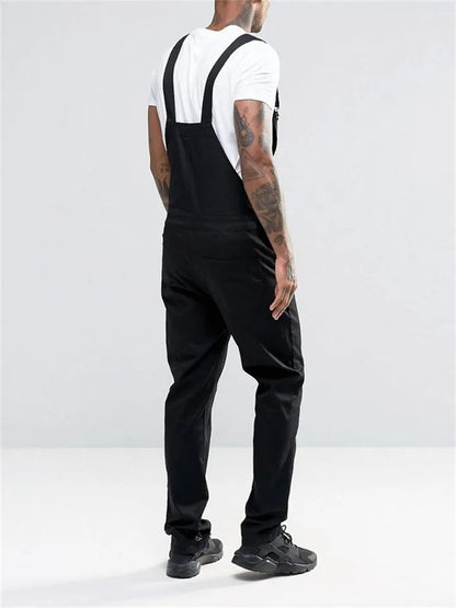 Men's Slim Trendy Solid Color Denim Overalls Jumpsuits