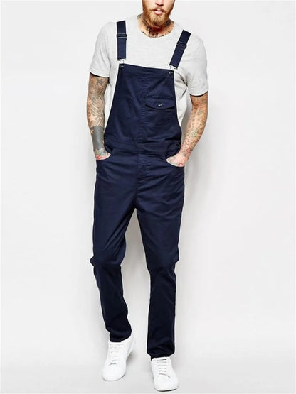 Men's Slim Trendy Solid Color Denim Overalls Jumpsuits