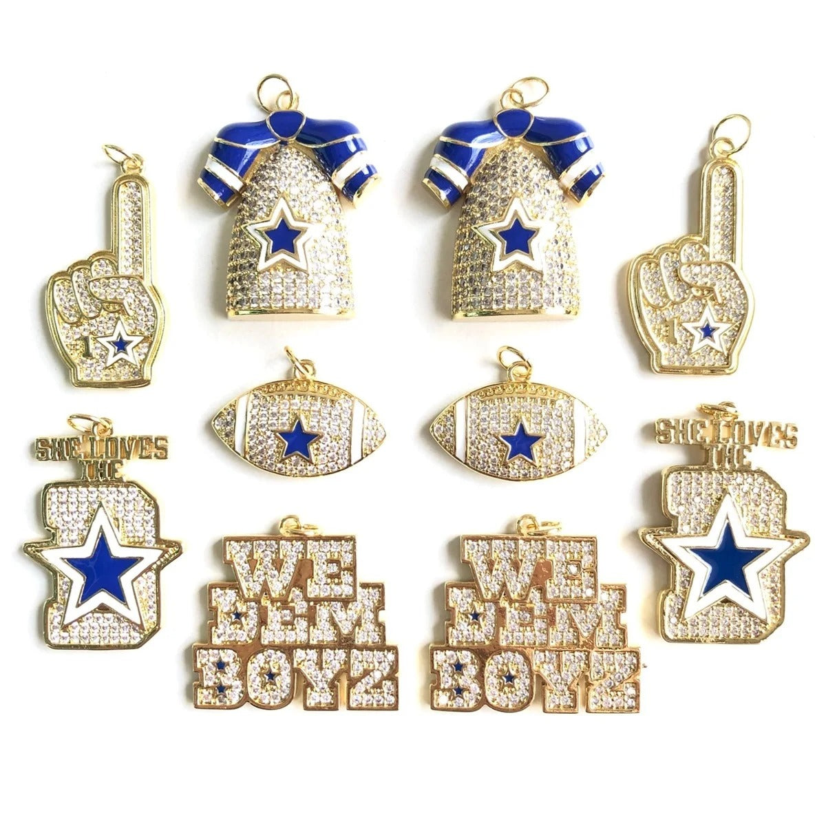 10PCS Cubic Zirconia Pave Dallas Football Cowboys Charm Set – Blue Star Sports Pendants for Bracelets & Necklaces