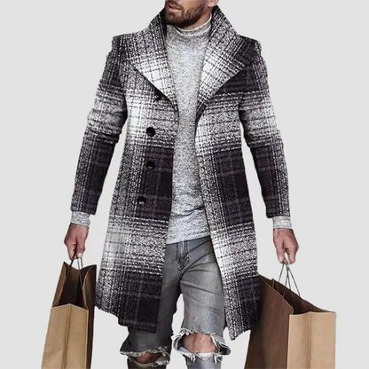 Oscar Wool-Blend Double-Breasted Overcoat | Plaid Mid-Thigh Overcoat