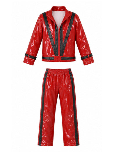 Kids Pop King Outfit Red PU Leather Jacket and Pants 2pcs Suit for Halloween Cosplay