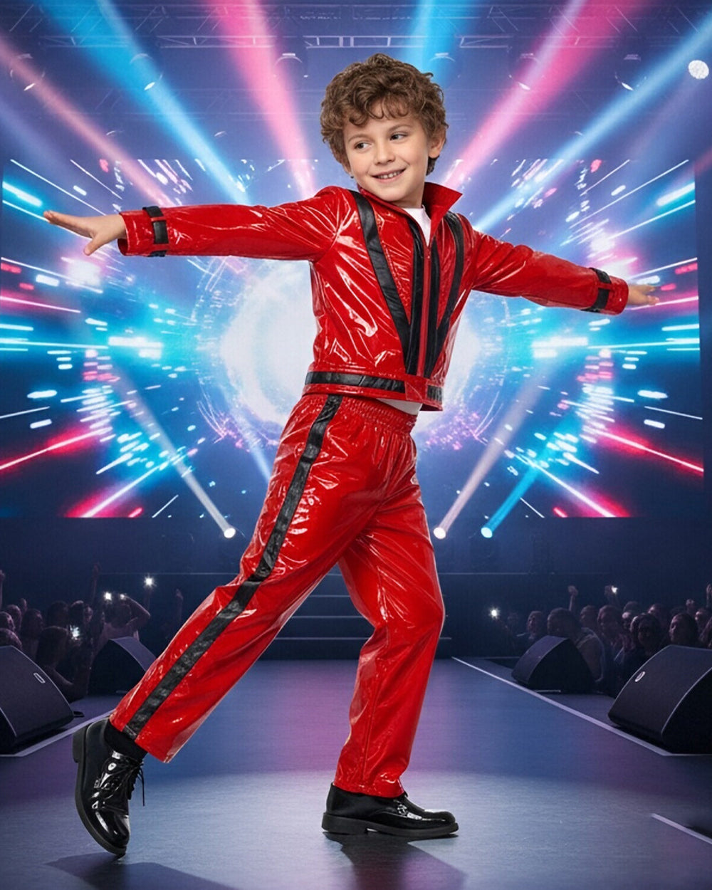 Kids Pop King Outfit Red PU Leather Jacket and Pants 2pcs Suit for Halloween Cosplay