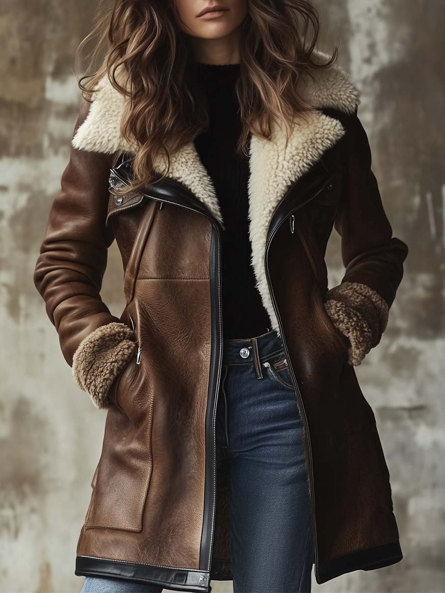 Mertice | Long Vintage Leather Coat with Faux Fur Collar for Women