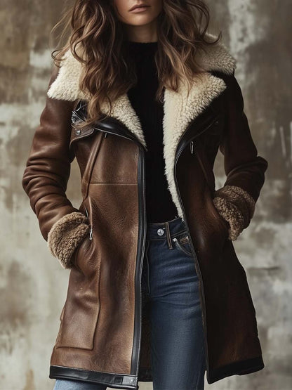 Mertice | Long Vintage Leather Coat with Faux Fur Collar for Women
