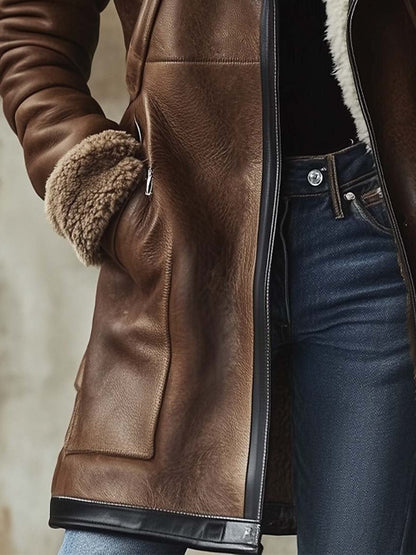 Mertice | Long Vintage Leather Coat with Faux Fur Collar for Women