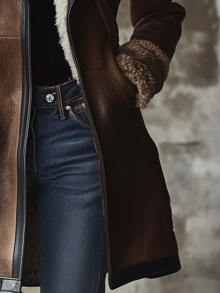 Mertice | Long Vintage Leather Coat with Faux Fur Collar for Women