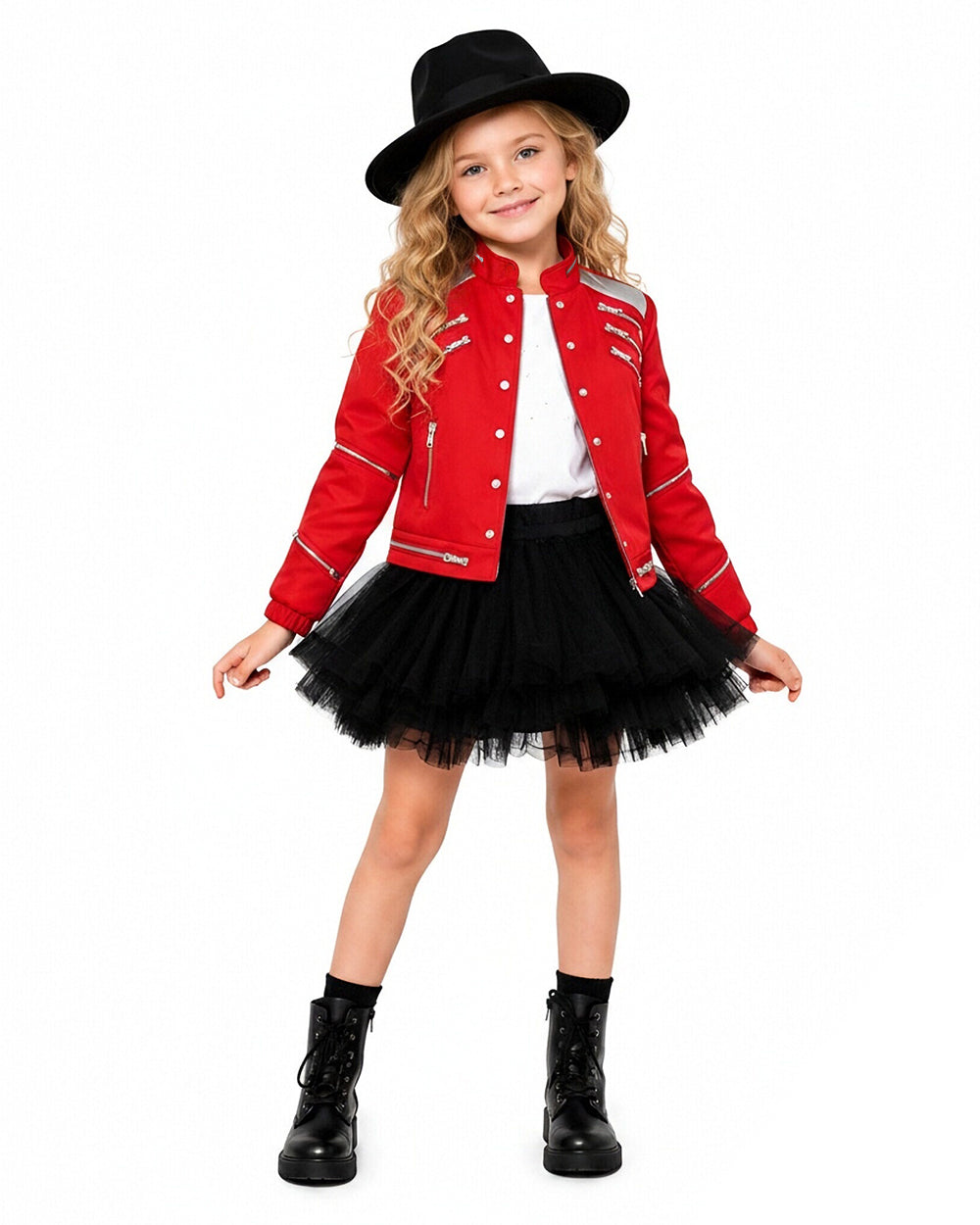 Girls King of Pop Costume Red Jacket Skirt T-shirt and Hat Full Set for Dress-up Party