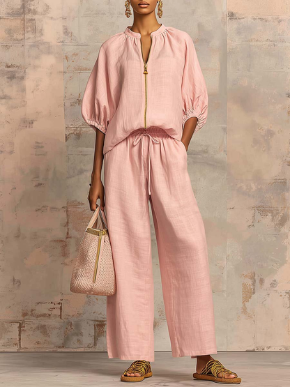 Stylish Cozy Shirt Wide-Leg Pants Linen Cotton Two-Piece Set
