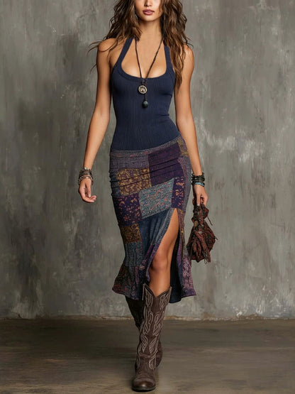 Women's Color-block Printed Spaghetti-strap Dress