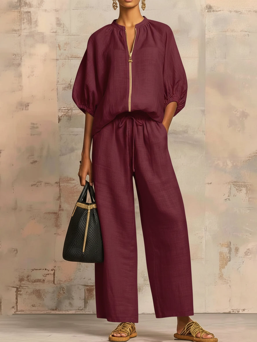 Stylish Cozy Shirt Wide-Leg Pants Linen Cotton Two-Piece Set
