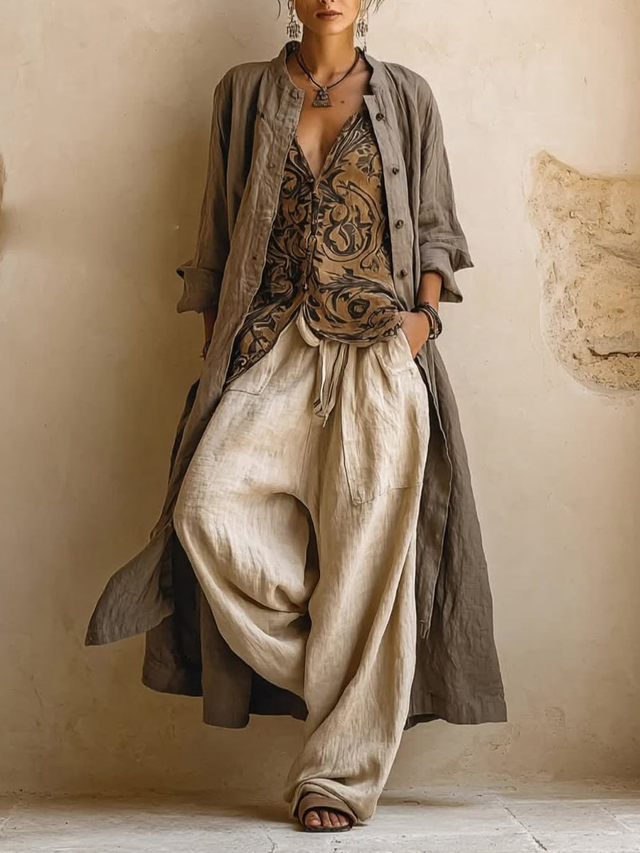 Casual Bohemian Linen And Cotton Long Cardigan And Sleeveless Top And Pants Three-piece Set