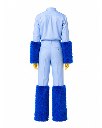 Blue Monster Costume Scary Toy Factory Uniform Set with Fuzzy Cuffs for Kids Adults Themed Party