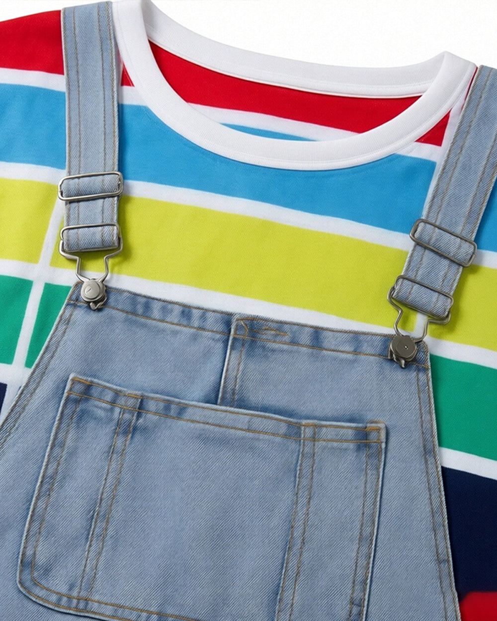 Adult Gracie Green Cosplay Outfit Rainbow Striped T-shirt and Blue Denim Overalls