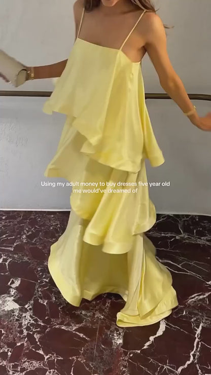 Satin Layered Maxi Dress Sleeveless Elegant Vacation Party Gown