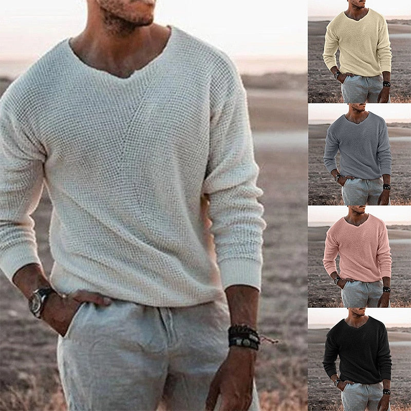 Waffle Knit V-Neck Sweater