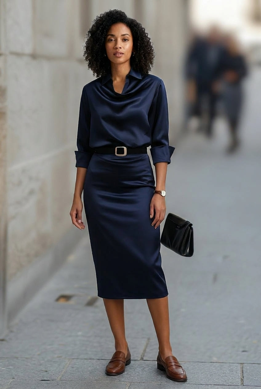 Paolo Draped-Collar Satin Midi Dress