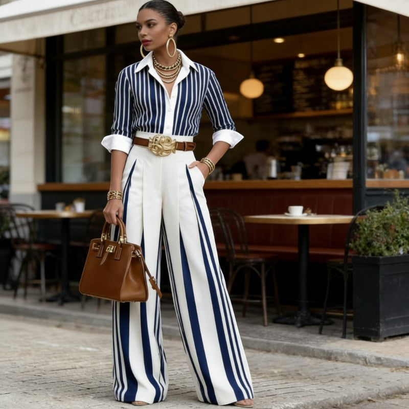 📢📢40% OFF !! ⏰Women's Striped Shirt & Wide-Leg Pants 2-Piece Set