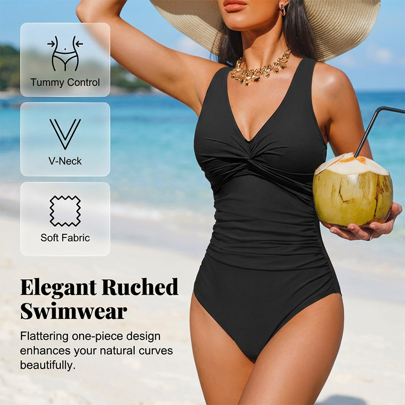 👙Tummy Control Ruched One-Piece – V-Neck & Full Coverage