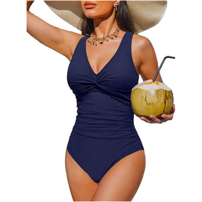 👙Tummy Control Ruched One-Piece – V-Neck & Full Coverage