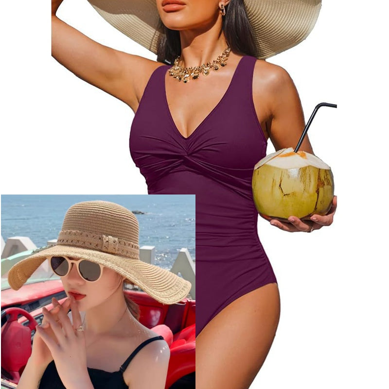 👙Tummy Control Ruched One-Piece – V-Neck & Full Coverage