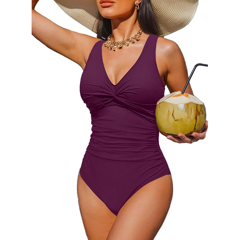 👙Tummy Control Ruched One-Piece – V-Neck & Full Coverage