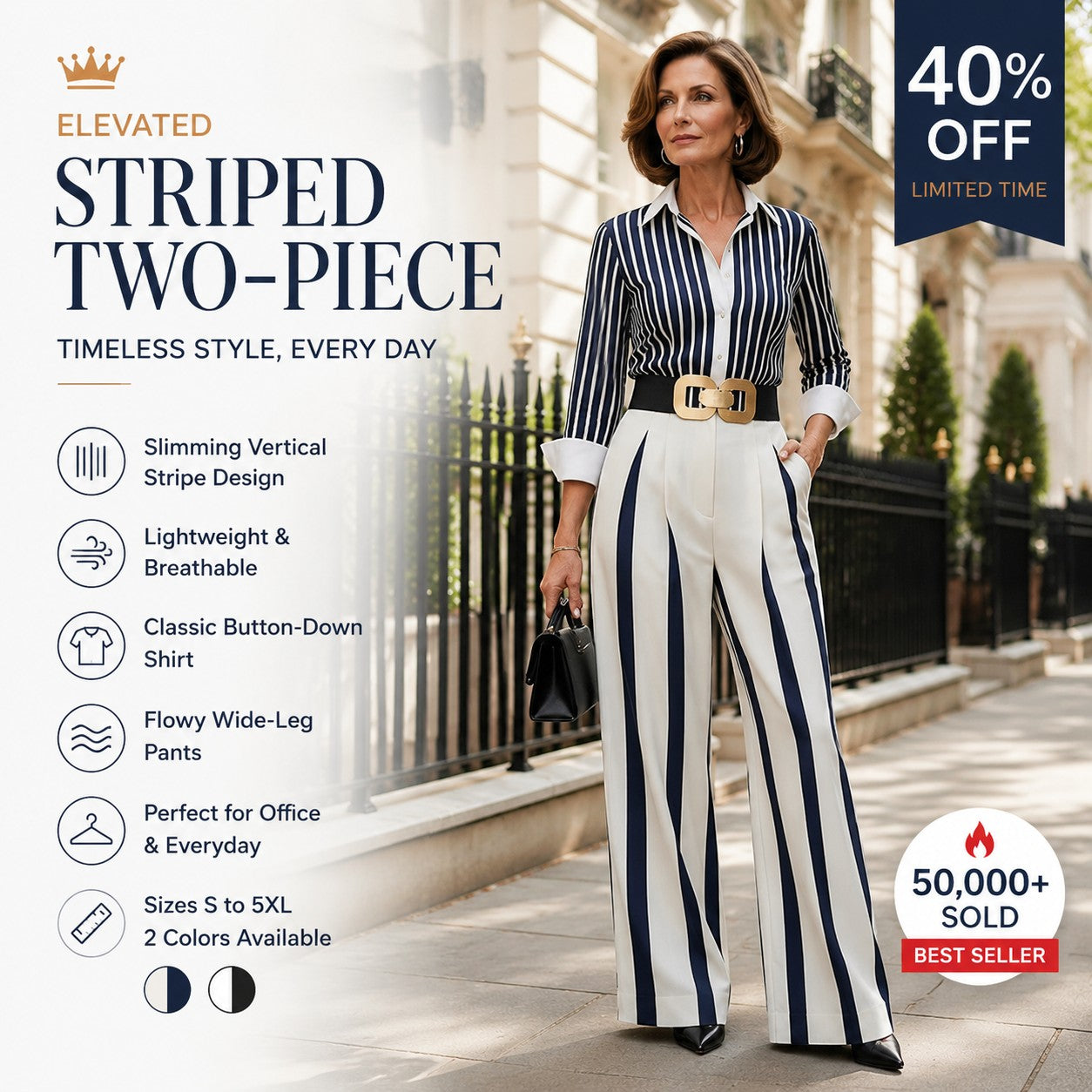 📢📢40% OFF !! ⏰Women's Striped Shirt & Wide-Leg Pants 2-Piece Set