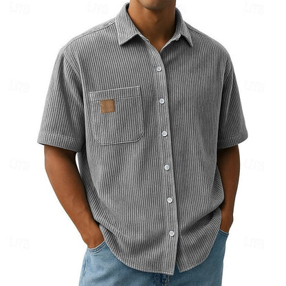 Ribbed Corduroy Short-Sleeve Shirt with Chest Pocket